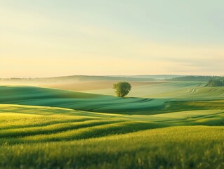 Fototapeta premium Serene landscape with rolling green hills, a lone tree, and a cloudy sky at sunset. Perfect for nature, tranquility, and outdoor themes.
