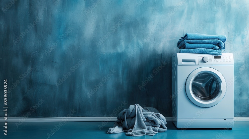 Poster a white washing machine in a room with blue walls. there is a stack of clean laundry on top of the m