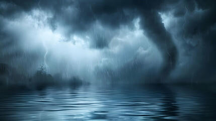 Fototapeta premium Tornado over a calm lake, reflecting its menacing form in the water, surrounded by dark clouds and heavy rain