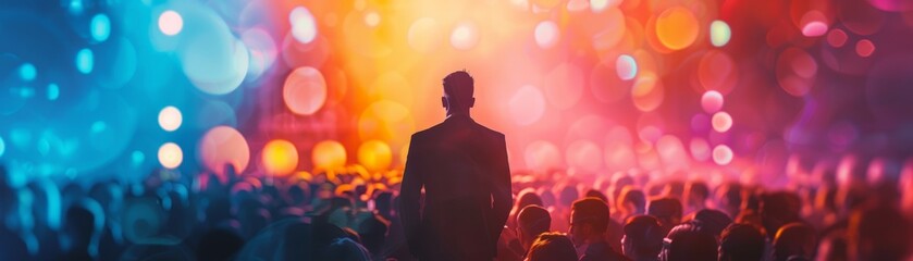 Speaker standing on platform motivating crowd energetic delivery vibrant atmosphere banner with copy space