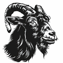 A black and white drawing of a goat 's head