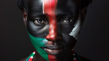 A fan girl at the Olympic Games. The Kenyan flag is painted on her cheek.