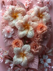Pastel sugar flowers on blush background in close-up view