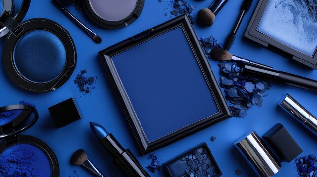Classic blue makeup products creating a frame for a makeup artist s business card or flyer design