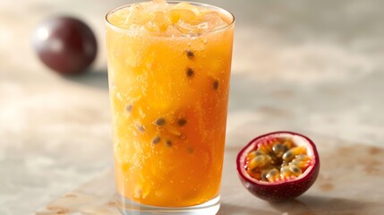 Fototapeta premium Refreshing passion fruit drink with ice and a passion fruit slice.