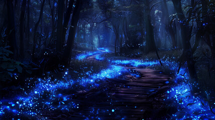 Fototapeta premium bioluminescent forest at night, created with generative AI technology