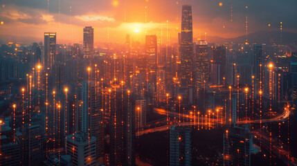 Fototapeta premium editorial photography, sharp detail, The image should illustrate themes of profit and development. At the center of the picture is a large, growing graph that extends upwards and forwards, symbolizing