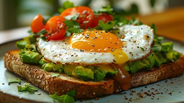 A breakfast sandwich with avocado, tomato and egg.