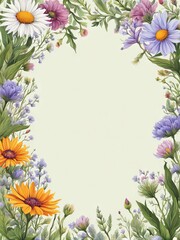 Obraz premium frame of wildflowers on white background with free space for text, vector illustration