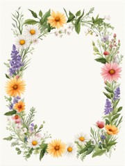 Fototapeta premium frame of wildflowers on white background with free space for text, vector illustration