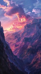 Naklejka premium Sunset over majestic mountain valley with colorful skies, serene and breathtaking nature concept