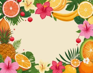 frame of tropical flowers and leaves, fruits on yellow background with free space for text, vector illustration