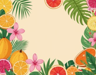 frame of tropical flowers and leaves, fruits on yellow background with free space for text, vector illustration