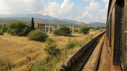 As the train sped through the countryside glimpses of crumbling stone walls and ancient columns could be seen.