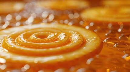 A close-up image of an orange slice floating in golden syrup