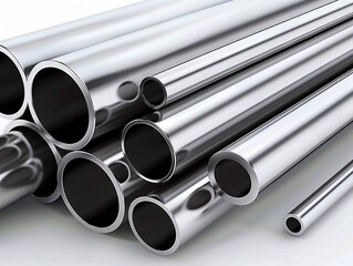 Stainless steel pipes on white background.