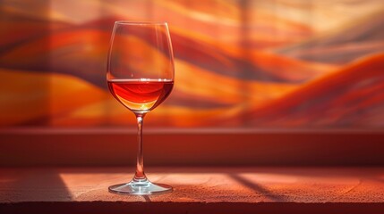 Obraz premium Glass of red wine with sunset reflections, vibrant colorful background. Evening relaxation and luxury concept