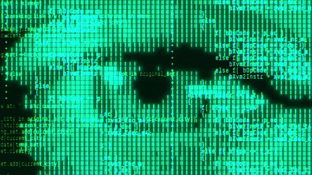 Green halftone digital cyber eye abstract background. Artificial intelligence and futuristic big data technology. Binary coding and spying concept