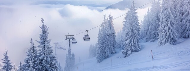 fog in winter with snow covered trees and cable car in a ski resort