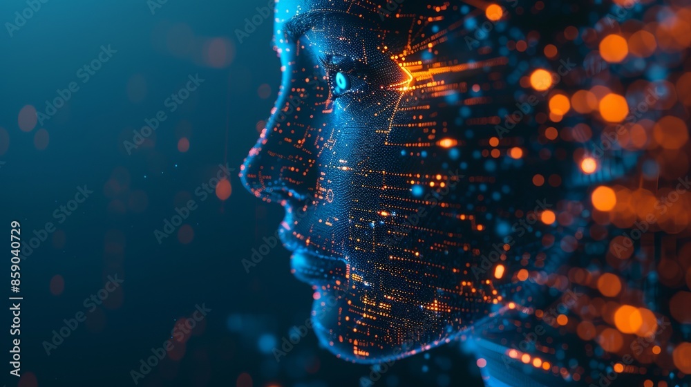Wall mural abstract digital human face with glowing data lights on dark background. this ai-generated image is 