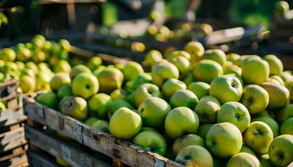 A large pile of green apples in wooden crates.