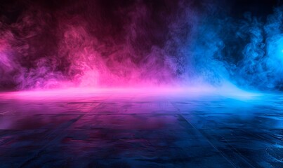 Abstract light in a dark concrete floor with smoke, Generative AI