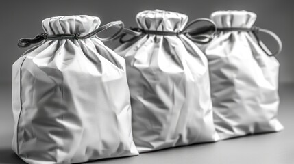 Three white drawstring bags sit side by side on a grey surface