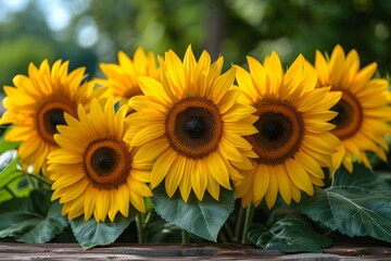 Obraz premium Vibrant Sunflowers in Full Bloom Against a Lush Green Background for Nature-Themed Designs