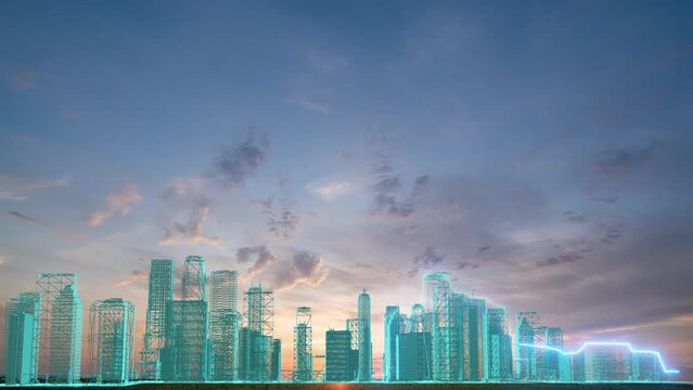 Futuristic landscape with animation of the construction of a halographic city against the backdrop of a time lapse of a beautiful sunset in a field