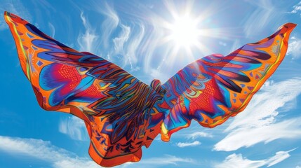 The bold patterns and colors of a tribalinspired prayer shawl make it look like a powerful bird soaring through the sky.