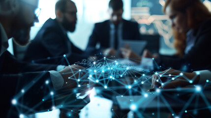 A corporate team engaged in a meeting within a modern, glass-walled conference room