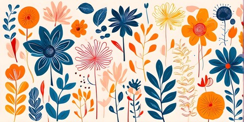 abstract botanical doodle flat design of flowers and leaves