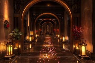 A long hallway with candles and flowers on the floor.