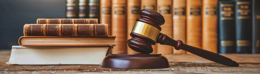 Law firm office with judge gavel and books sophisticated legal workspace banner with copy space