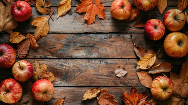 Fall themed flat lay with leaves apples and open space on wooden backdrop