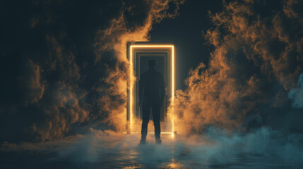 A silhouette of a person standing in a dark, smoky room, facing an illuminated doorway, creating a mysterious and dramatic atmosphere.