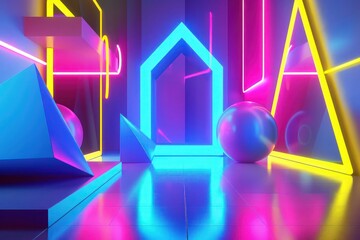 Abstract Background, a 3D scene featuring geometric shapes in neon colors, with electric blue, neon pink, and bright yellow