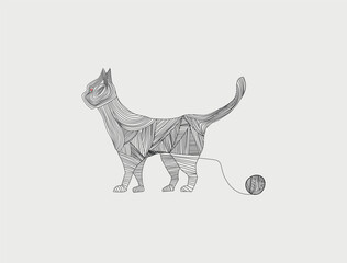 Cat and ball of string. Vector illustration.
