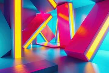 Abstract Background, a 3D scene featuring geometric shapes in neon colors, with electric blue, neon pink, and bright yellow