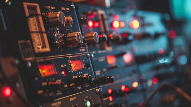 Close-up of an Audio Mixing Console with Red Lights - A close-up shot of an audio mixing console with red lights illuminating the knobs and buttons.