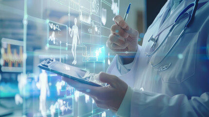 A doctor analyzing digital medical data holograms on a screen, symbolizing modern healthcare and advanced technological integration in medicine.