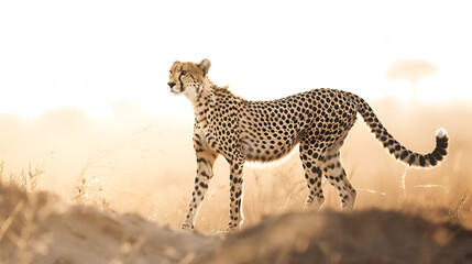 Obraz premium In the Vast Grasslands a Powerful Cheetah Rests Serenely in the Grass Staring Intently Ahead With the Soft Blur of the Background Highlighting Its Majestic Form 