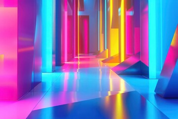 Abstract Background, a 3D scene of geometric shapes in vibrant neon colors, with electric blue, neon pink, and bright yellow 