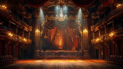 The theatre stage is equipped with spotlights, wooden floors and gold decoration. A magnificent vintage theater interior with dramatic lighting