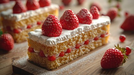 A close-up of a strawberry shortcake with whipped cream and fresh strawberries