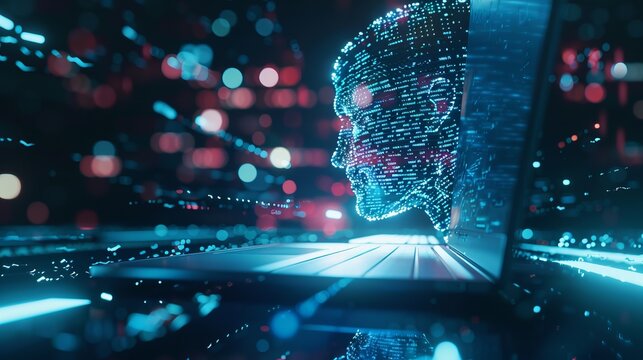 Abstract digital illustration of an AI face emerging from a laptop screen. The image showcases futuristic technology, the fusion of human and computer, and the concept of artificial intelligence. 