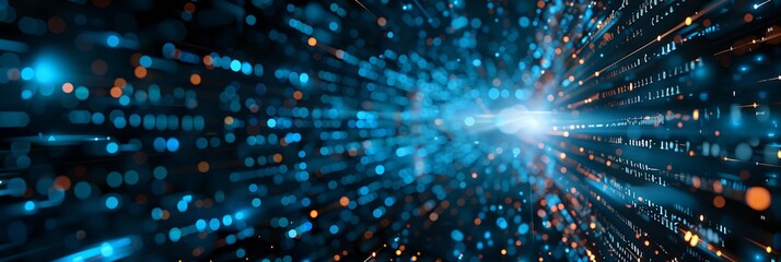 Naklejka premium A blue and orange light show with a lot of dots. The light show is very bright and colorful