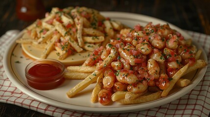 Fototapeta premium Close-up of a plate of french fries with a creamy white bean and savory sauce topping