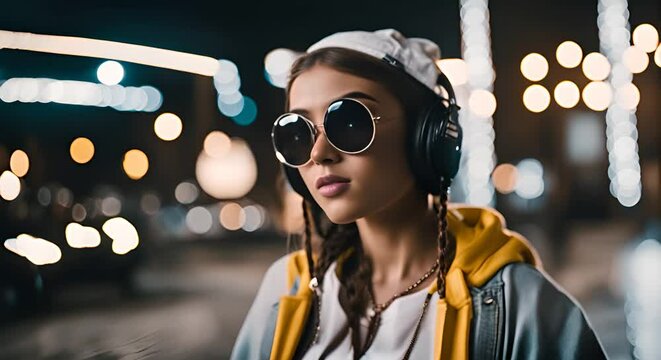 Woman dressed as a rapper.