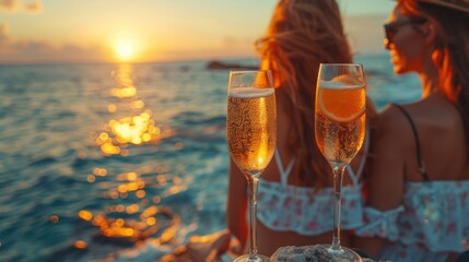 An elegant close-up of champagne glasses on the seashore, sparkling in the rays of a magnificent sunset. The image perfectly conveys the concept of summer vacation, a romantic dinner, celebration, and